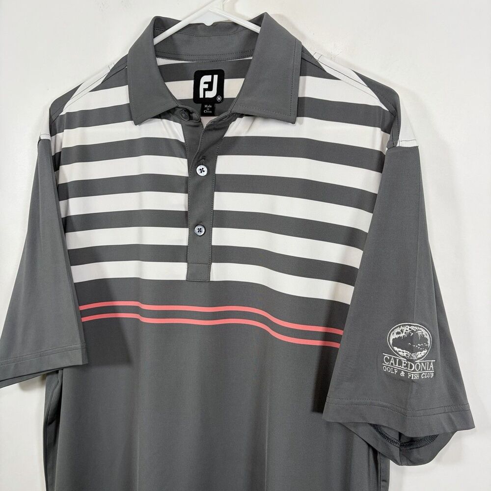 FootJoy Golf Polo Shirt Mens Medium Gray Orange Striped Caledonia Golf Fish Club